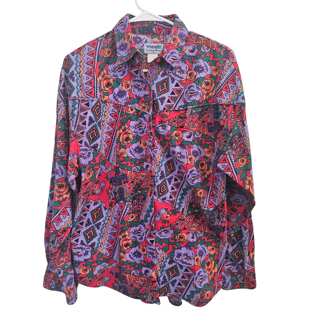 Vintage Wrangler Western Shirt Floral Geometric Tribal Print Purple Red Large